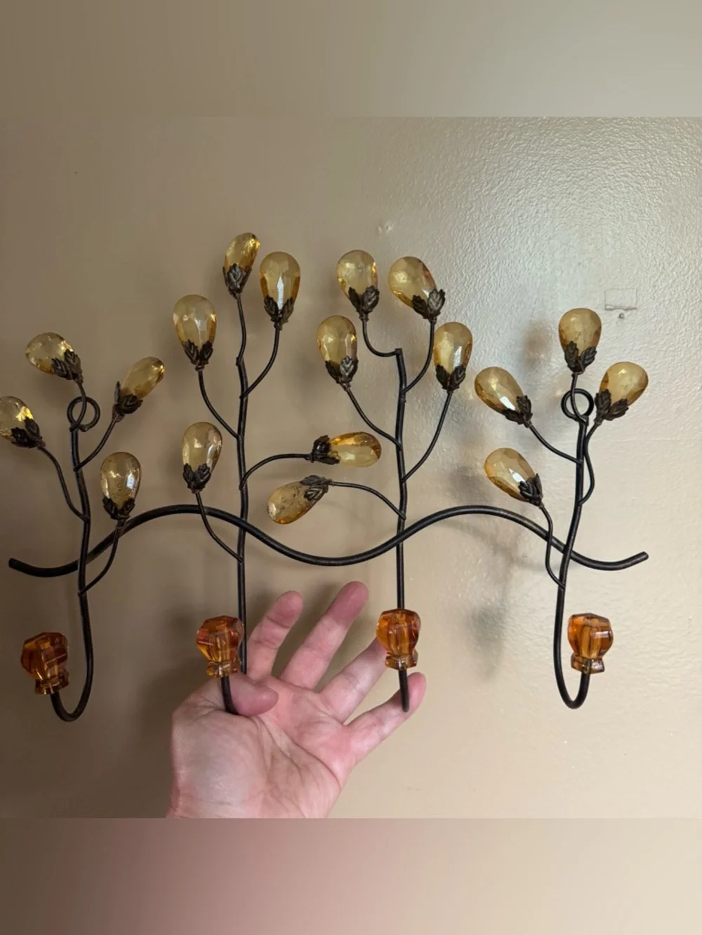 Metal Wall Plaque Coat Hat Towel Hook With Amber Acrylic Crystal Knobs 4 Hook